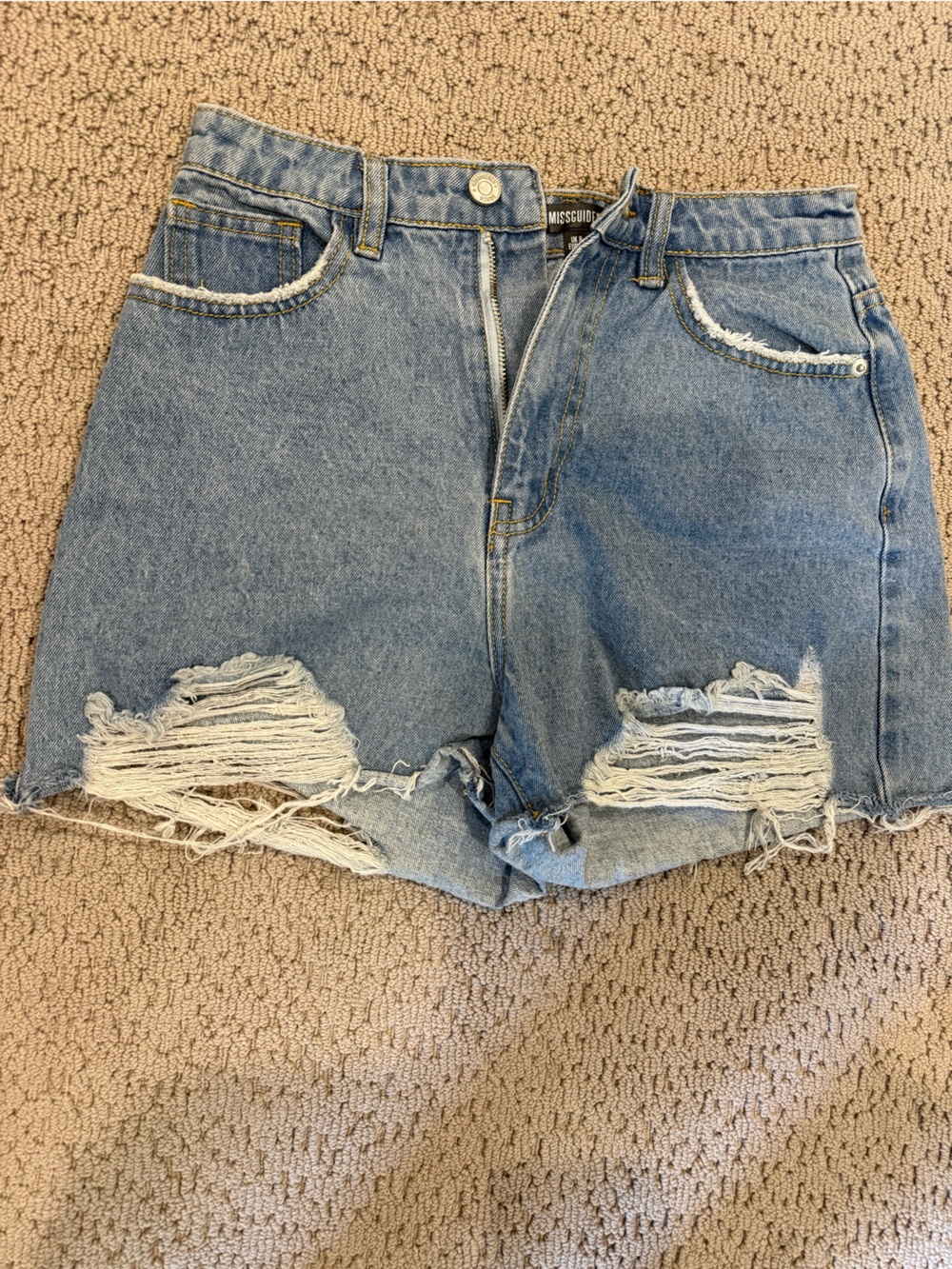 Missguided Light Blue Distressed Denim High-Waist Shorts